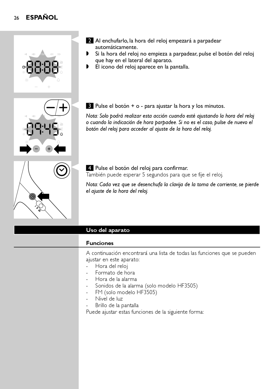 Philips HF3505, HF3500 manual Español, Uso del aparato, Funciones  